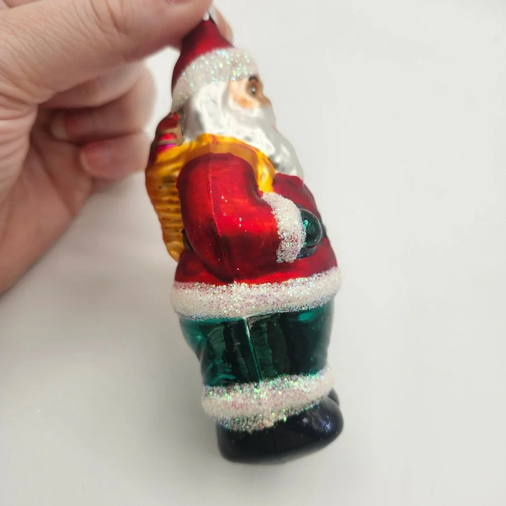 Czech Republic Blown Glass Santa Ornament with Glitter Trim Green Pants Gift Bag